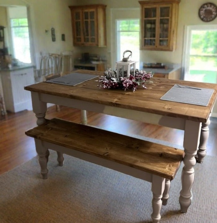 Narrow Farmhouse Dining Table & Bench Set with Turned Legs - 15% Discount Applied at Checkout