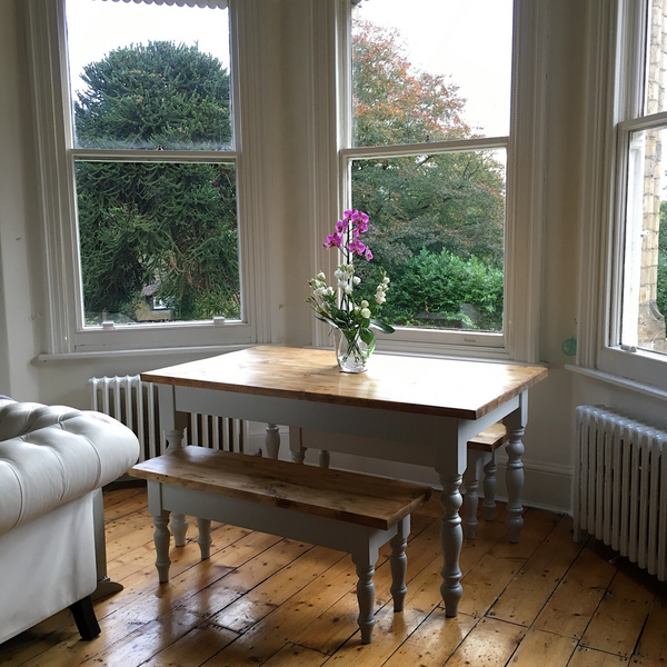Farmhouse Dining Table Bench Set with Turned Legs