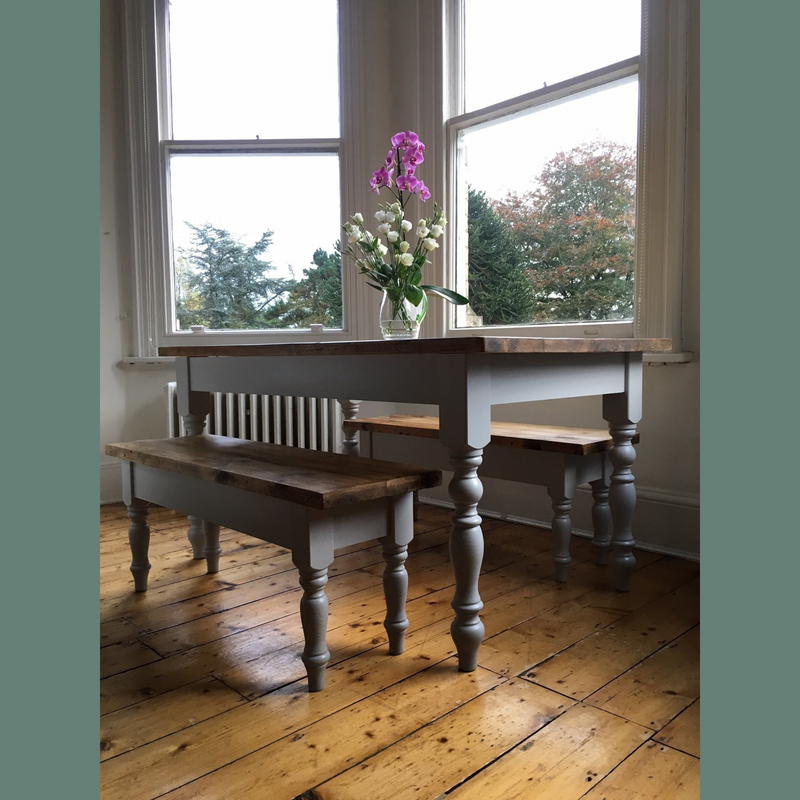 Narrow Farmhouse Dining Table & Bench Set with Turned Legs