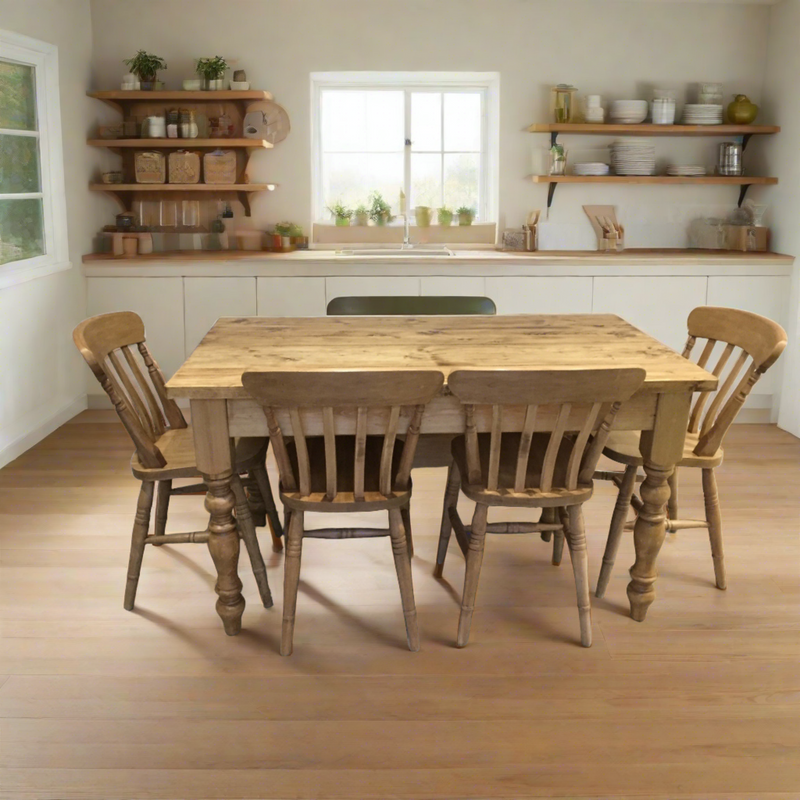 Narrow Farmhouse Dining Table & Bench Set with Turned Legs - 20% Discount Applied at Checkout