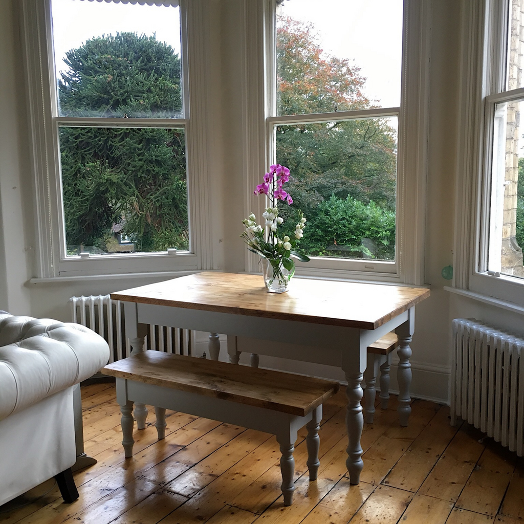 Farmhouse Dining Table & Bench Set with Turned Legs - 20% Discount Applied at Checkout