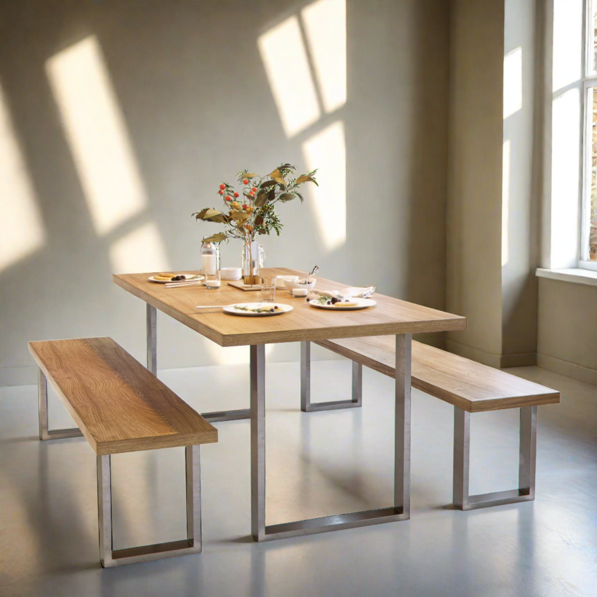 Square Frame Farmhouse Dining Tables and Bench Set Custom Made