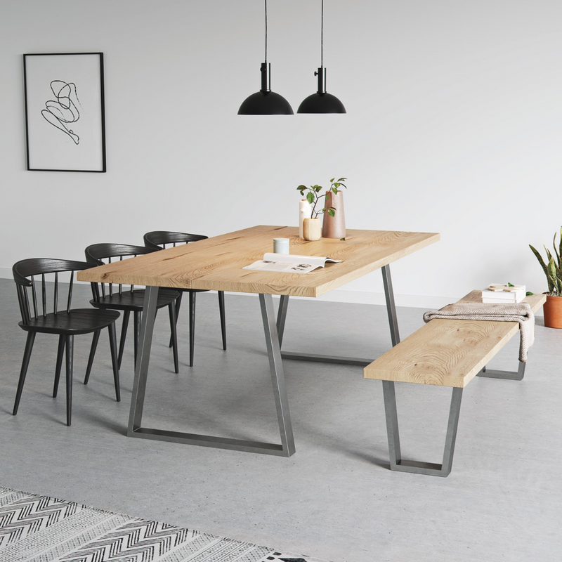 Farmhouse Dining Table with Industrial Trapezium Frame Legs